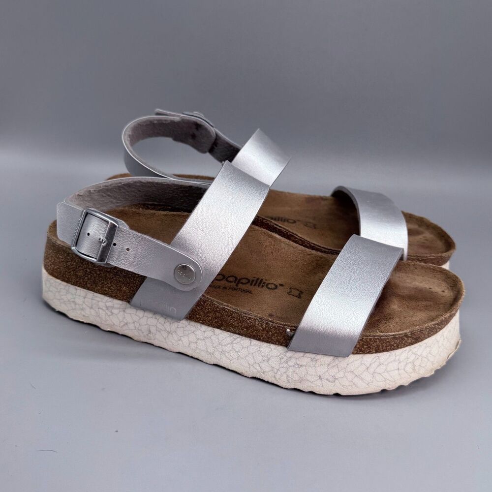 Papillio Birkenstock Cameron Women's 10 Silver Platform Slingback Sandals Shoes